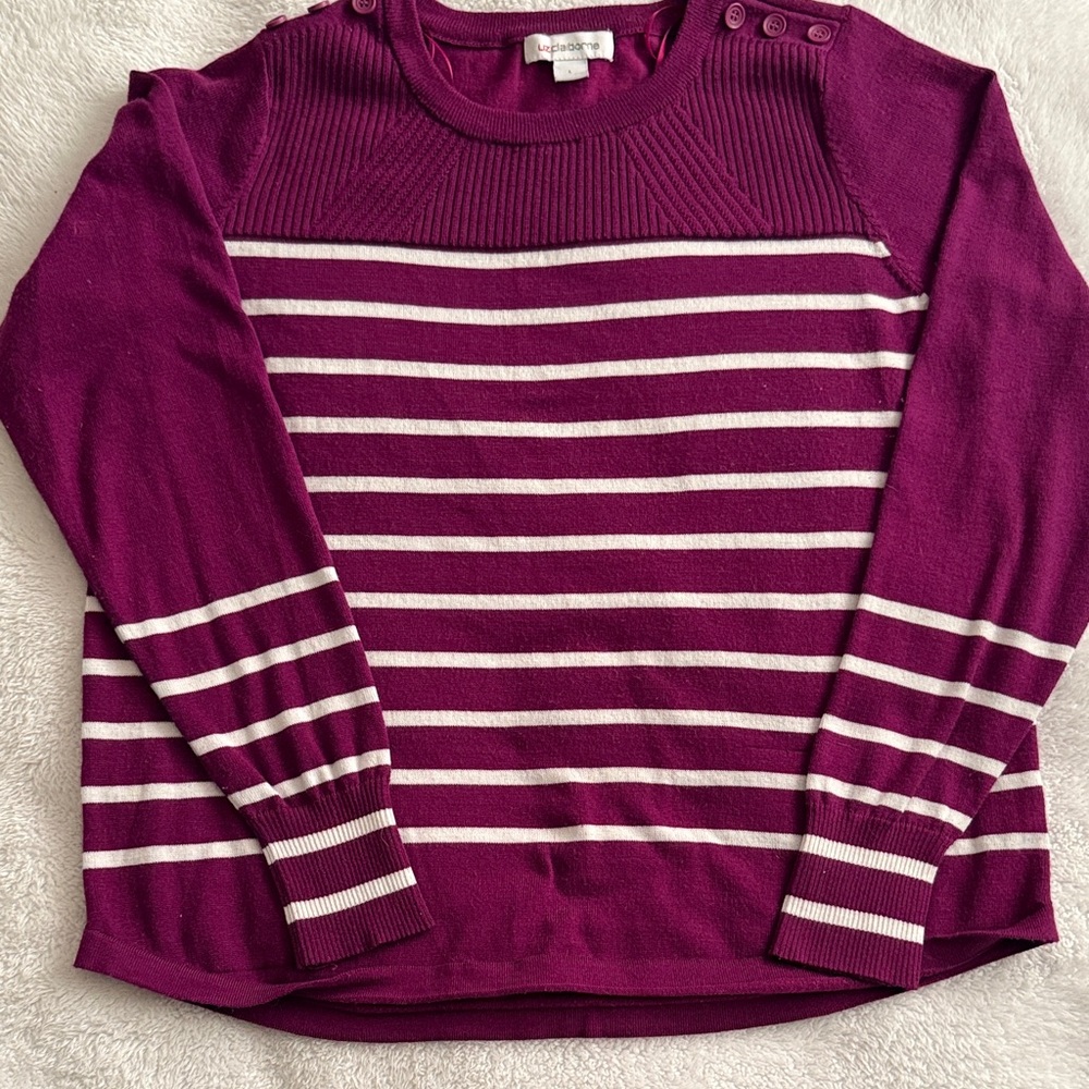 Liz Claiborne Magenta and White Striped Crewneck Sweater